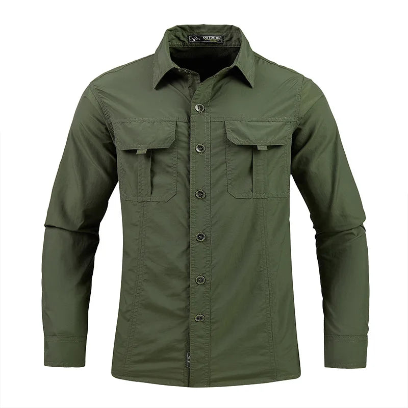 Men’s Long Sleeve Outdoor Cargo Shirt | Waterproof | Multi-Pocket | Summer Camping & Fishing Shirt