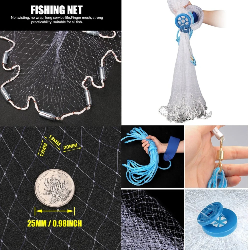 American-Style Saltwater Cast Net | 3–10ft Radius | Heavy-Duty Zinc Weights | Bait Fishing Net