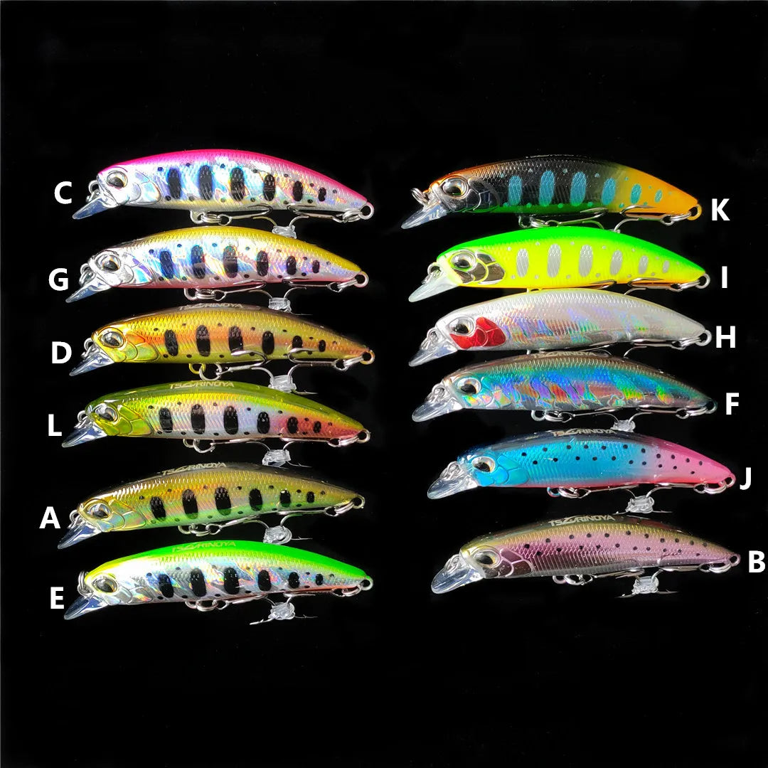 TSURINOYA 60S DW67 Sinking Minnow Set – 12 pcs 60 mm / 6.1 g Hardbody Lures (Fresh & Saltwater)