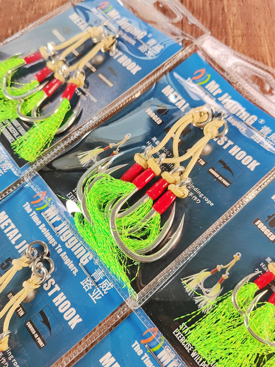 Mr JigginG 5X Heavy Duty Double Assist Hooks 1/0-5/0 Slow Jigging Twin Glow Hooks