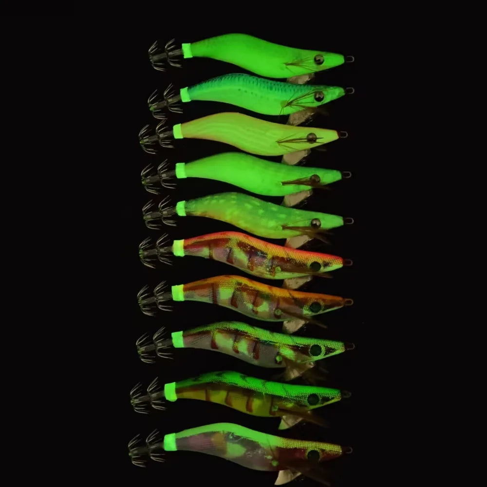 Ackibbik Glow Shrimp Squid Jigs (10-Pack) | Luminous Realistic Shrimp Lures | Saltwater Squid & Cuttlefish Bait