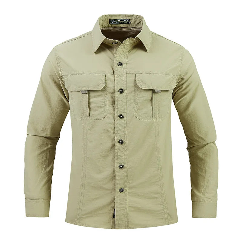 Men’s Long Sleeve Outdoor Cargo Shirt | Waterproof | Multi-Pocket | Summer Camping & Fishing Shirt