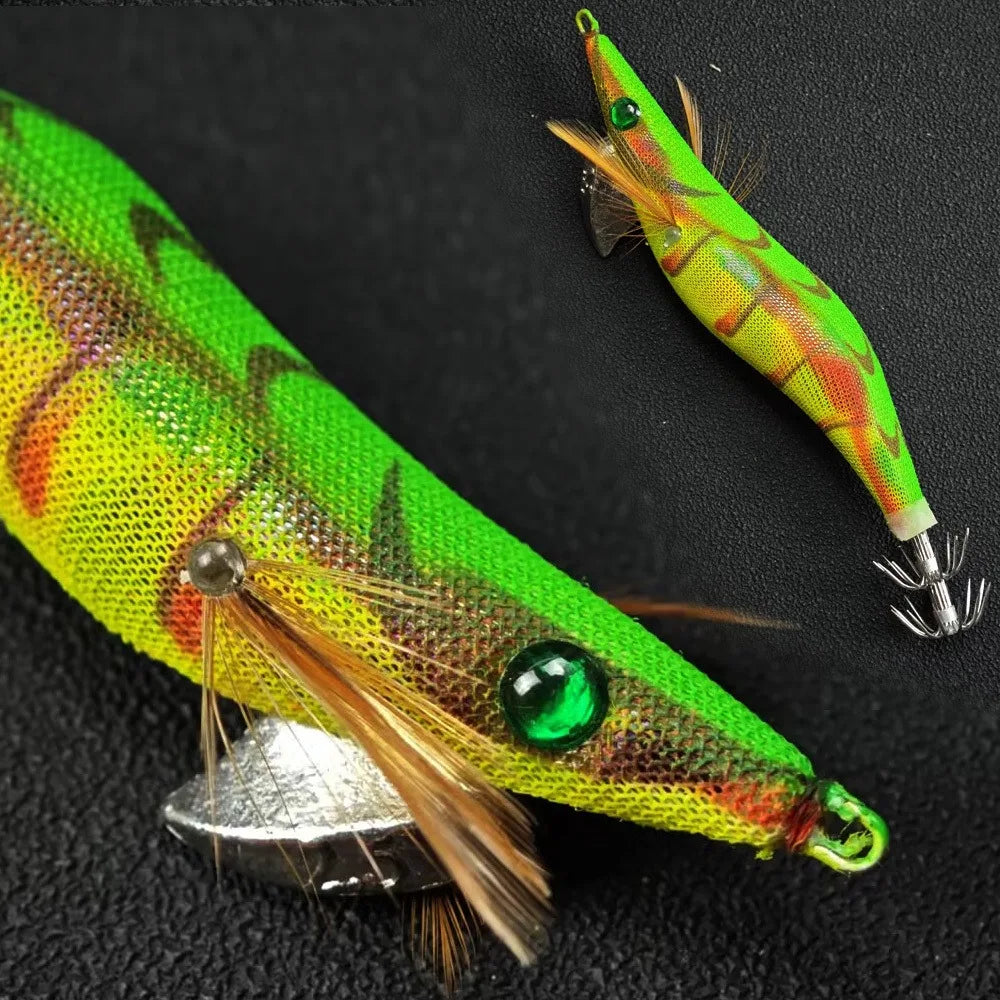 Ackibbik Glow Shrimp Squid Jigs (10-Pack) | Luminous Realistic Shrimp Lures | Saltwater Squid & Cuttlefish Bait