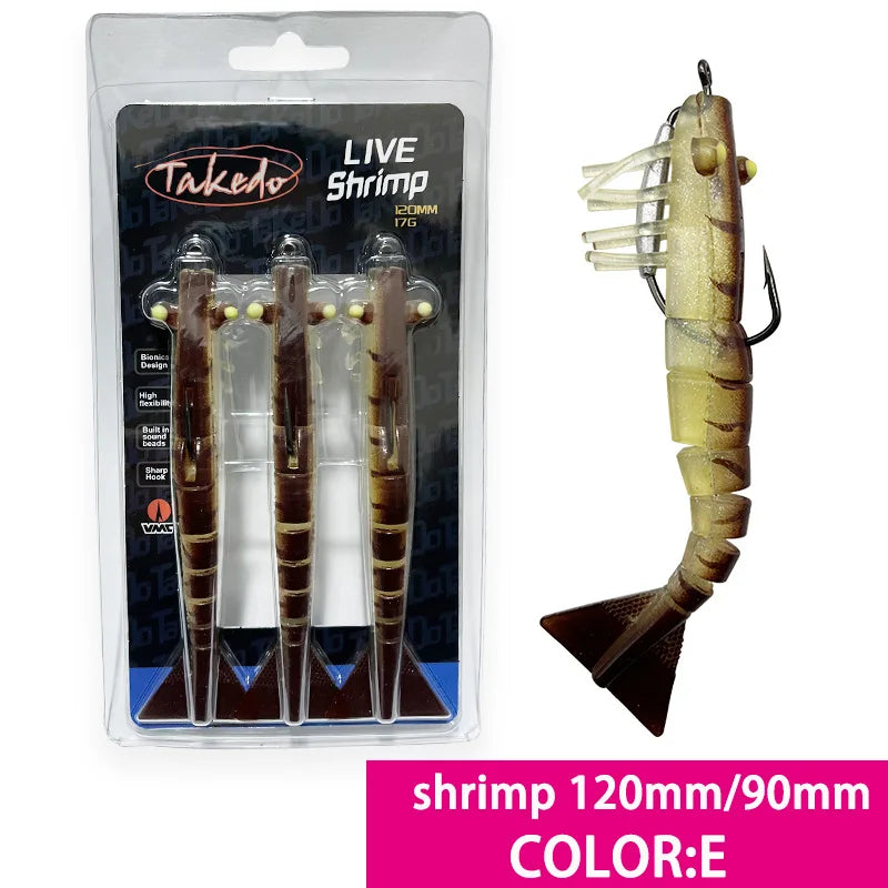 TAKEDO 3-Piece Dirty Prawn Lure Set – 90 mm & 120 mm Soft TPE Shrimp Lures with 5/0 VMC Hooks