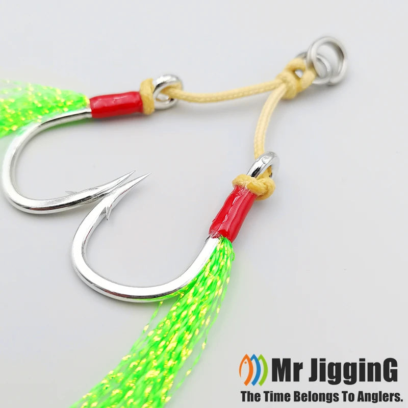 Mr JigginG 5X Heavy Duty Double Assist Hooks 1/0-5/0 Slow Jigging Twin Glow Hooks