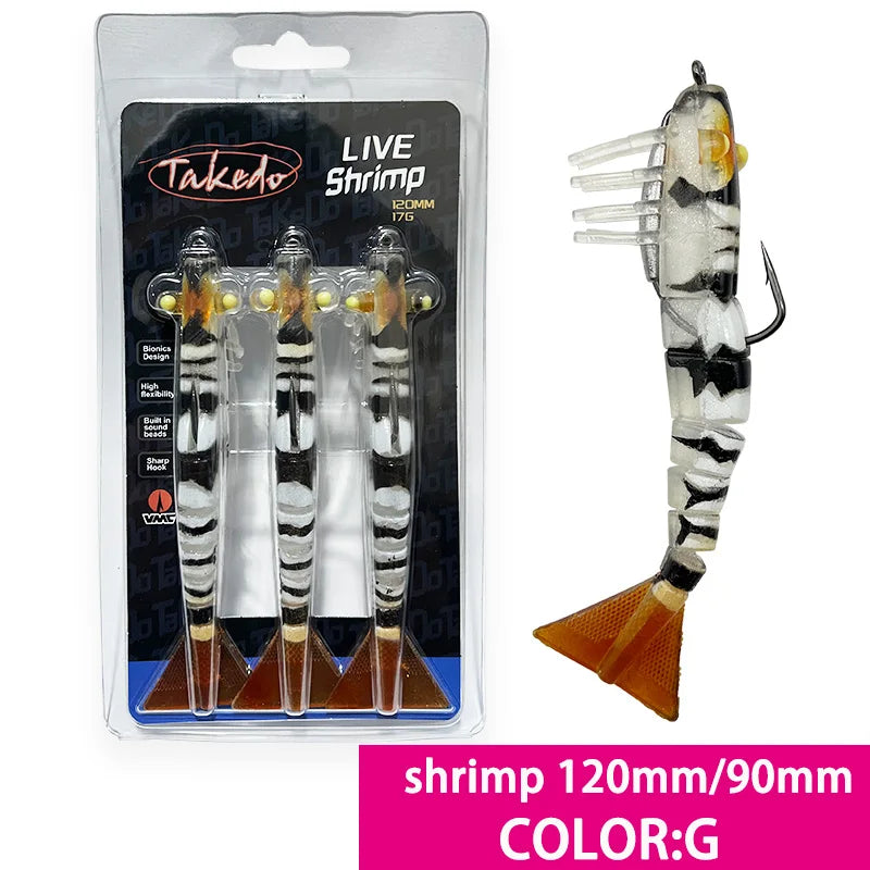 TAKEDO 3-Piece Dirty Prawn Lure Set – 90 mm & 120 mm Soft TPE Shrimp Lures with 5/0 VMC Hooks