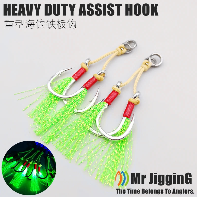Mr JigginG 5X Heavy Duty Double Assist Hooks 1/0-5/0 Slow Jigging Twin Glow Hooks