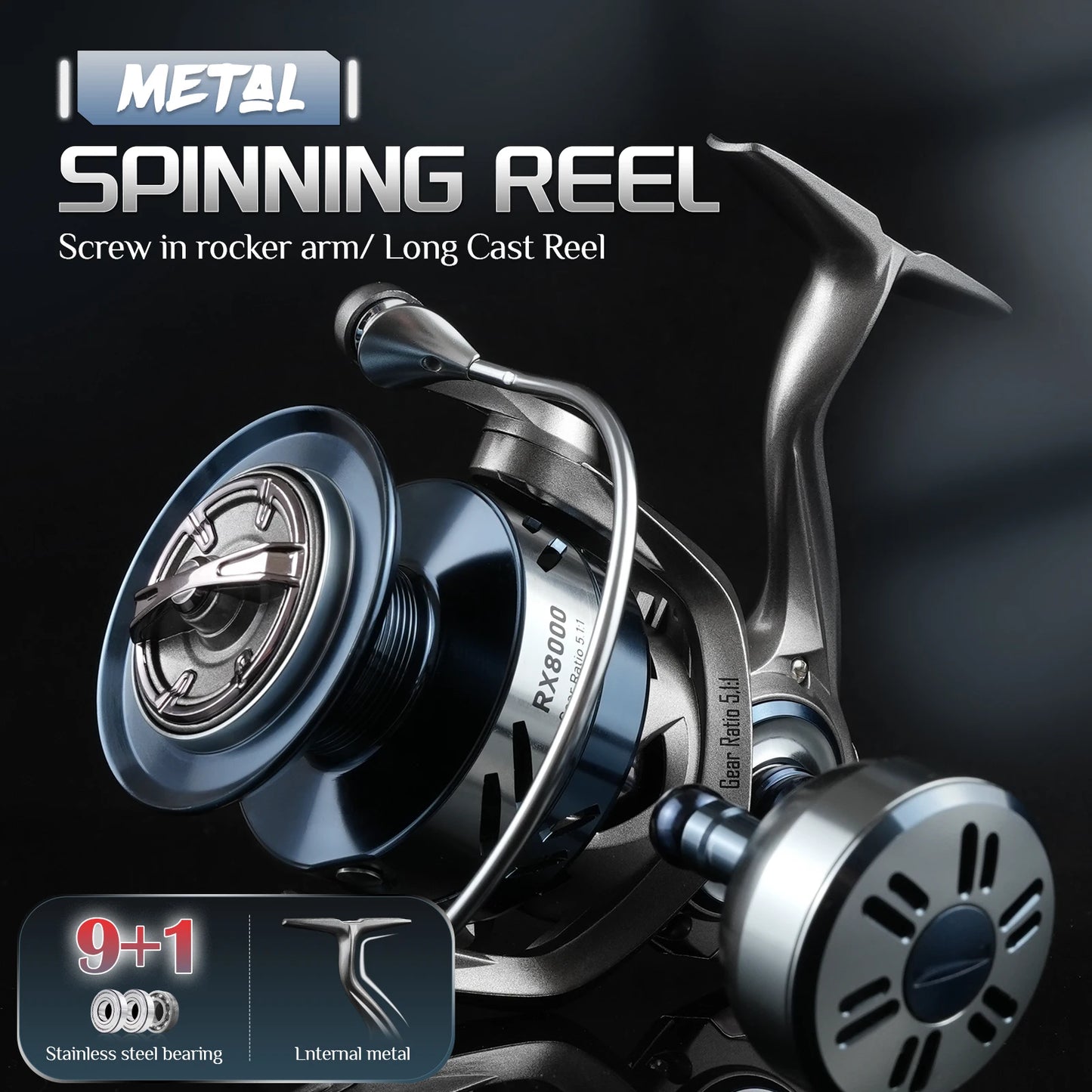 Rooblinos RX Spinning Reel | Ultralight Metal Body | 5.1:1 Gear Ratio | Sizes 4000–8000 | Freshwater & Saltwater