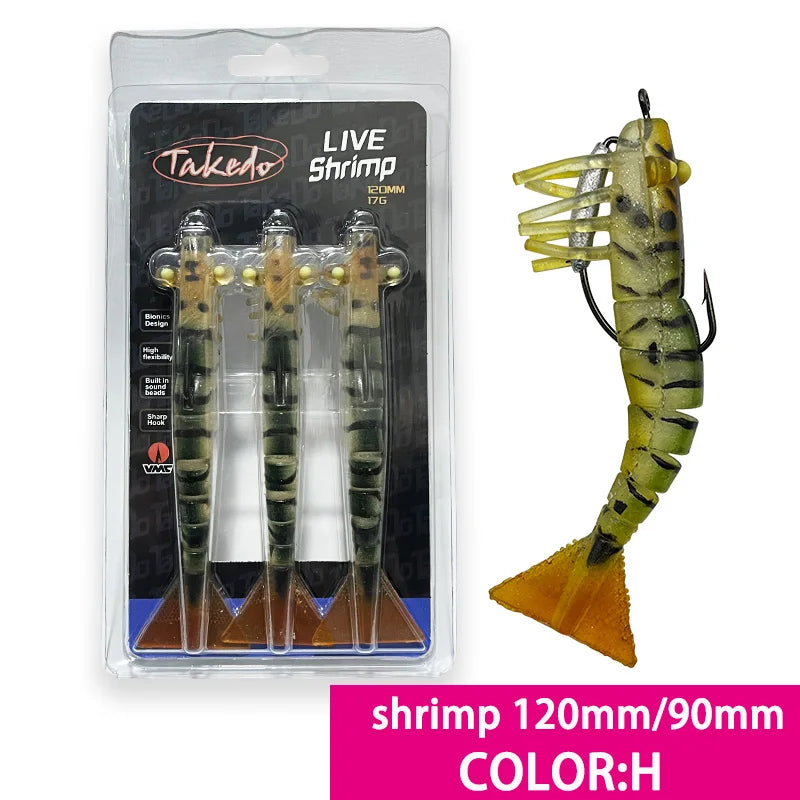 TAKEDO 3-Piece Dirty Prawn Lure Set – 90 mm & 120 mm Soft TPE Shrimp Lures with 5/0 VMC Hooks